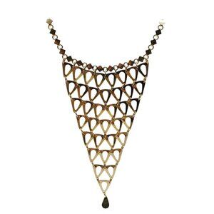 Gold Tone Statement Geometric Bib Necklace With Hexagonal Chain Teardrop Design